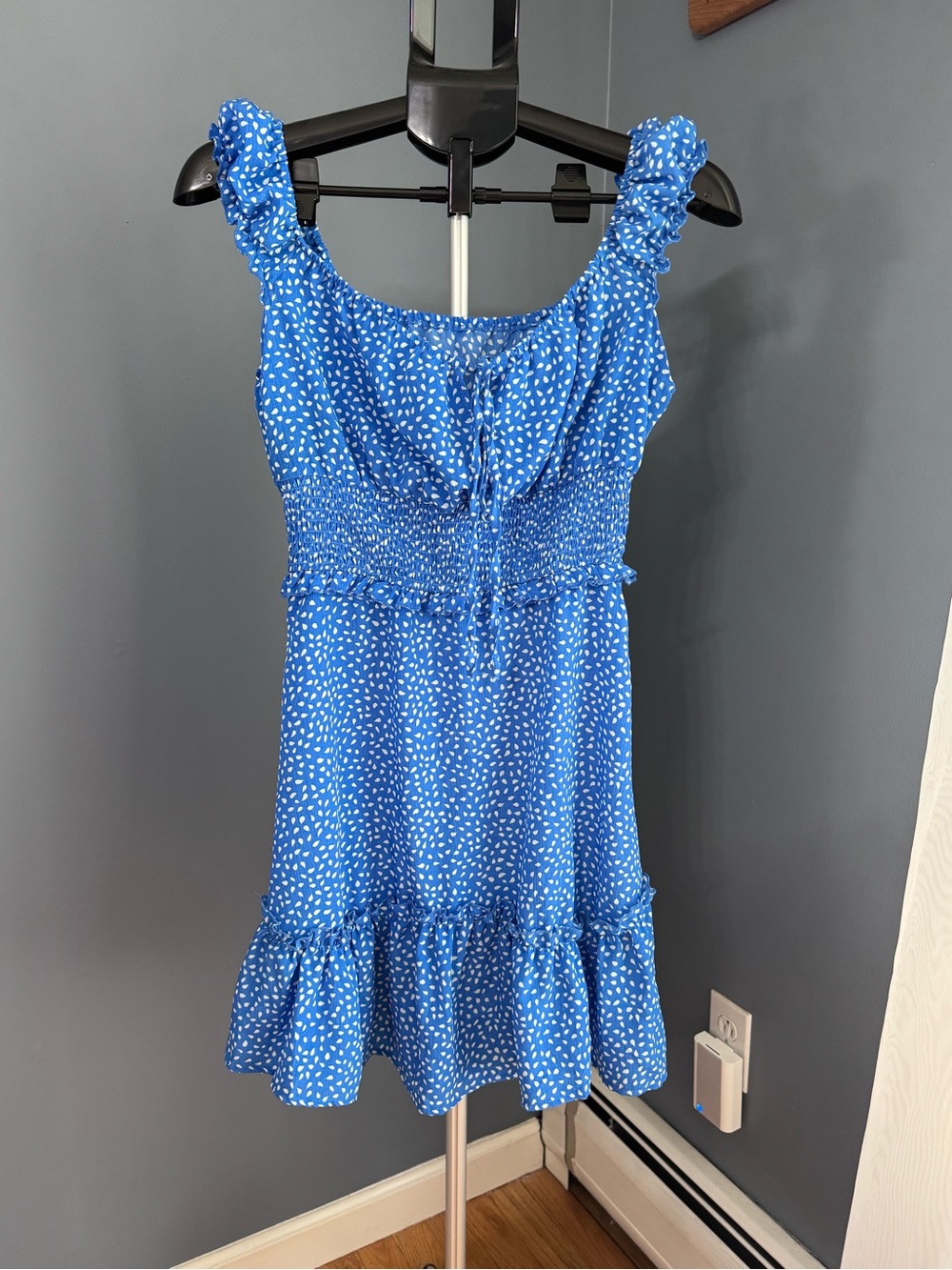 Blue Smocked Ruffle Mini Dress with White Dot Print